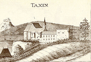 Groß-Taxen, Schloss Taxen, Kupferstich von Georg Matthäus Vischer, aus: Topographia Archiducatus Austriae Inferioris Modernae, 1672